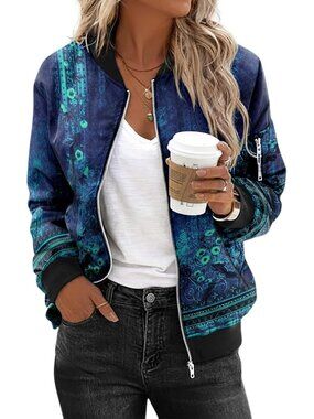 Women's Blue Flower Polyester Zip Up Sweatshirt Long Sleeve Casual Bomber Jacket